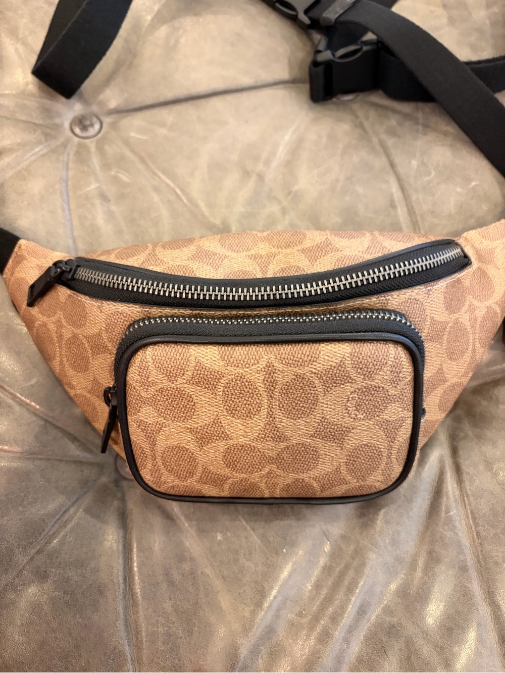 Coach Tan Signature Canvas Belt Bag with Black Trim new